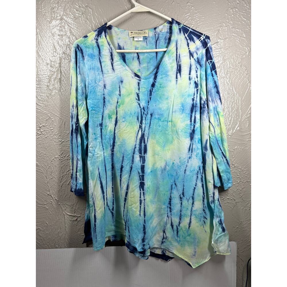 Impulse California Aqua Tie Dye Tunic with Hand Dyed Chiffon Overlay Womens Sz M
